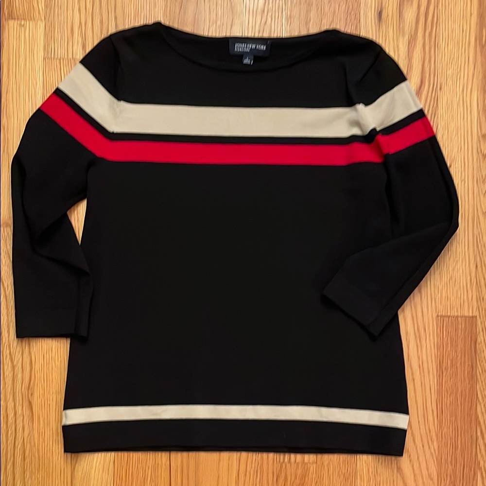 Jones New York Black Top with Red and Cream Stripes